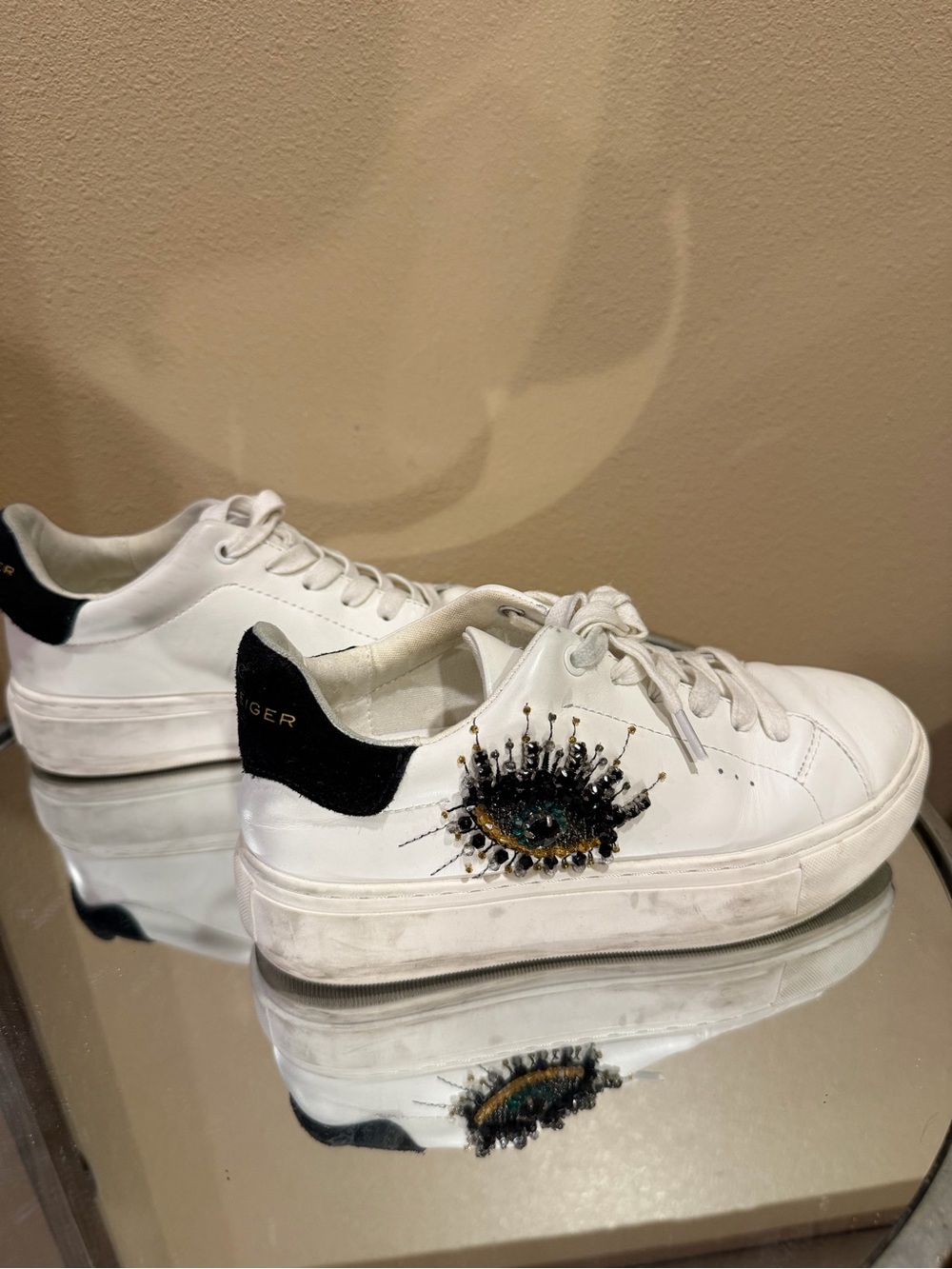 Kurt Geiger White Leather Sneakers with Black Heel and Embellished Eye Detail